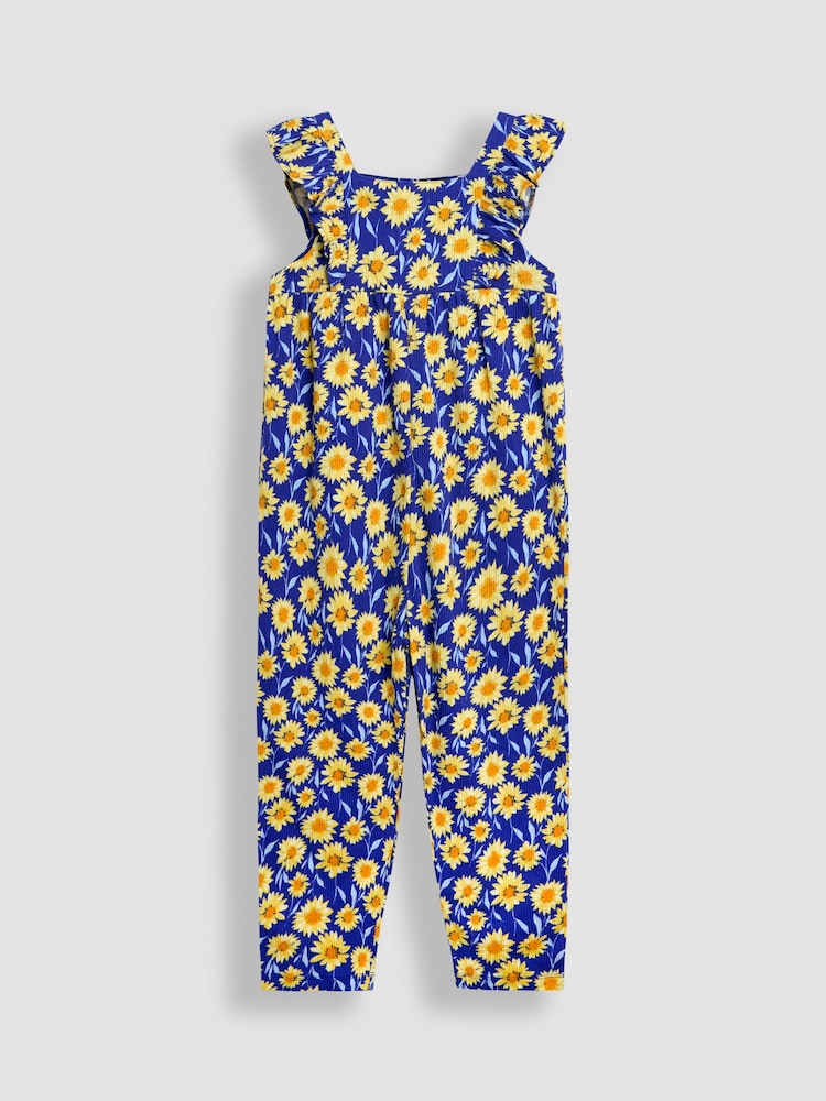 JoJo Maman Bébé Navy Sunflower Ruffle Front Jumpsuit - Image 1 of 3