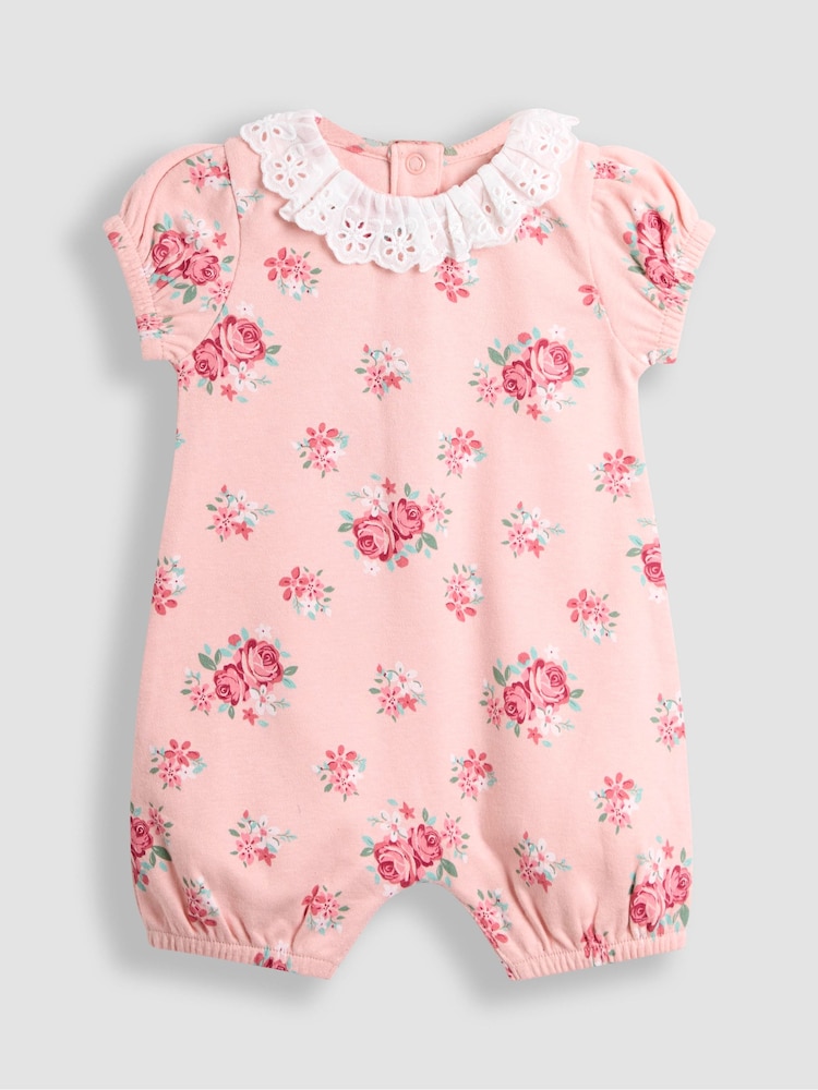 JoJo Maman Bébé Pink Floral 2 Pack Broderie Collar Rompers - Image 2 of 5