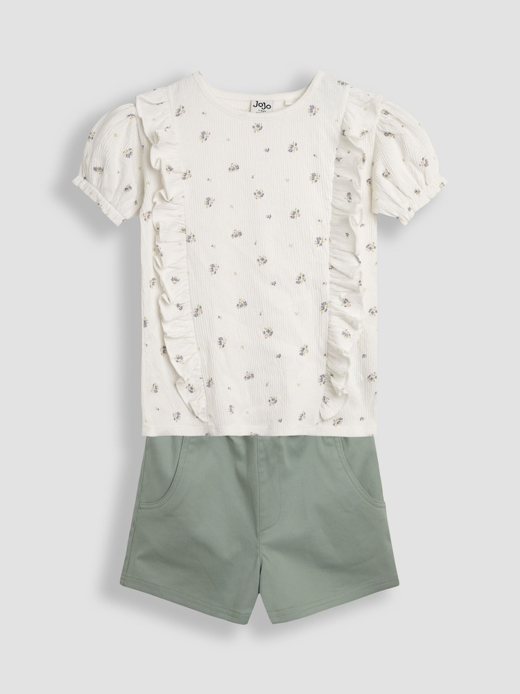 JoJo Maman Bébé Khaki Green Floral 2-Piece Floral T-Shirt & Shorts Set - Image 1 of 5