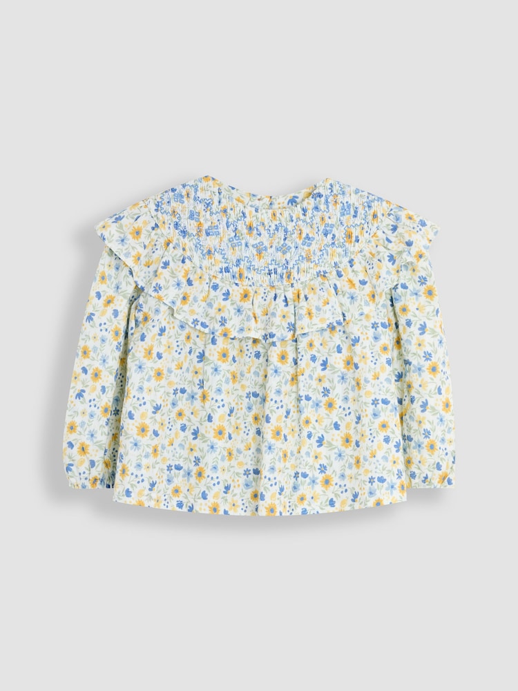 JoJo Maman Bébé White Sunflower Smocked Ruffle Blouse - Image 1 of 3