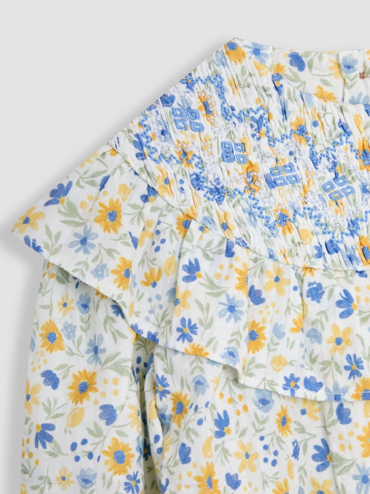 JoJo Maman Bébé White Sunflower Smocked Ruffle Blouse - Image 3 of 3