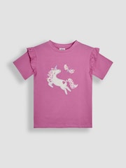 JoJo Maman Bébé Pink Unicorn Appliqué Frill Shoulder T-Shirt - Image 1 of 3