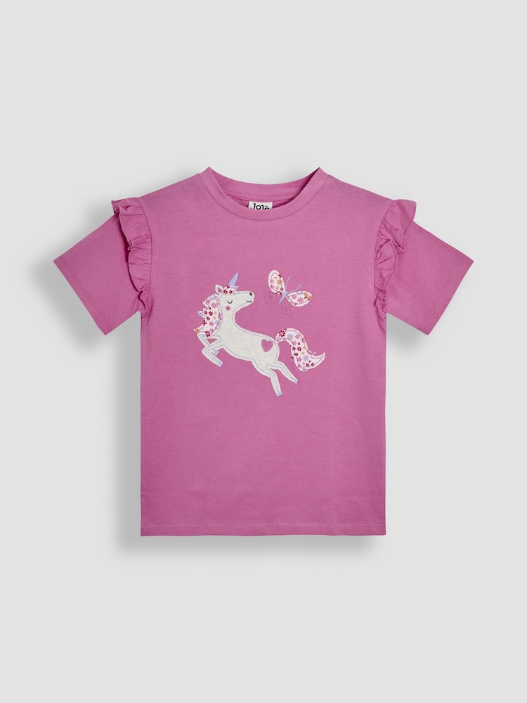 JoJo Maman Bébé Pink Unicorn Appliqué Frill Shoulder T-Shirt - Image 1 of 3