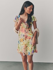 Multicoloured Floral Print Boho Mesh V-Neck Flutter Sleeve Mini Dress - Image 1 of 7