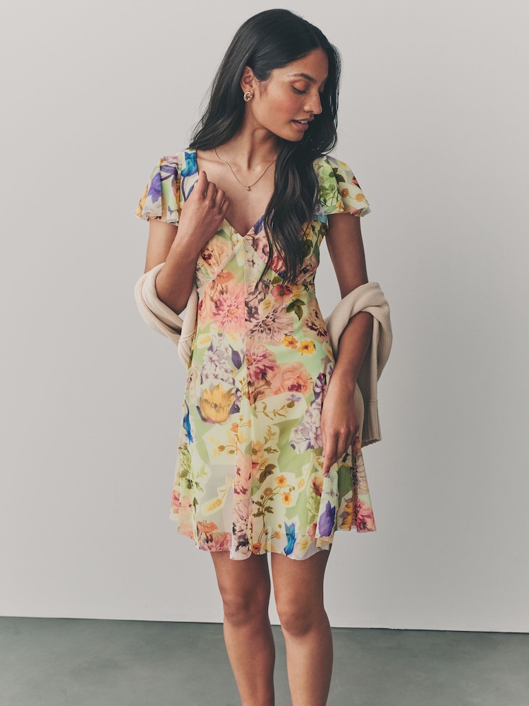 Multicoloured Floral Print Boho Mesh V-Neck Flutter Sleeve Mini Dress - Image 1 of 7