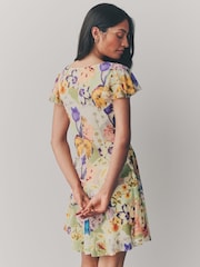 Multicoloured Floral Print Boho Mesh V-Neck Flutter Sleeve Mini Dress - Image 2 of 7