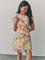 Multicoloured Floral Print Boho Mesh V-Neck Flutter Sleeve Mini Dress - Image 3 of 7