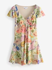Multicoloured Floral Print Boho Mesh V-Neck Flutter Sleeve Mini Dress - Image 5 of 7