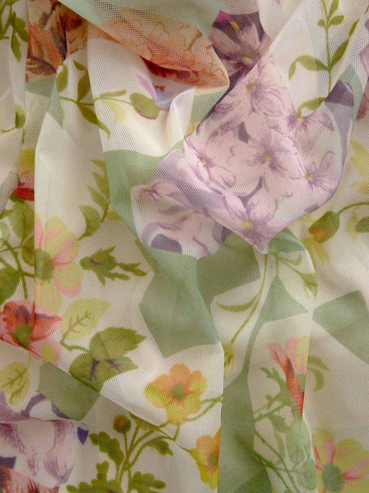 Multicoloured Floral Print Boho Mesh V-Neck Flutter Sleeve Mini Dress - Image 7 of 7