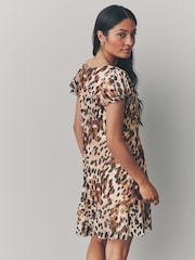 Brown/Black Cow Animal Print Mesh V-Neck Flutter Sleeve Mini Dress - Image 3 of 7