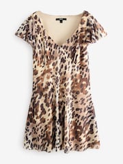 Brown/Black Cow Animal Print Mesh V-Neck Flutter Sleeve Mini Dress - Image 5 of 7