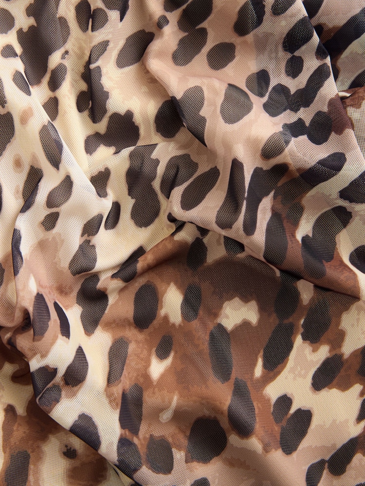 Brown/Black Cow Animal Print Mesh V-Neck Flutter Sleeve Mini Dress - Image 7 of 7