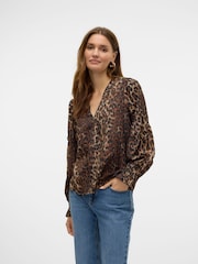 VERO MODA Brown Leopard Print V Neck Blouse - Image 1 of 6