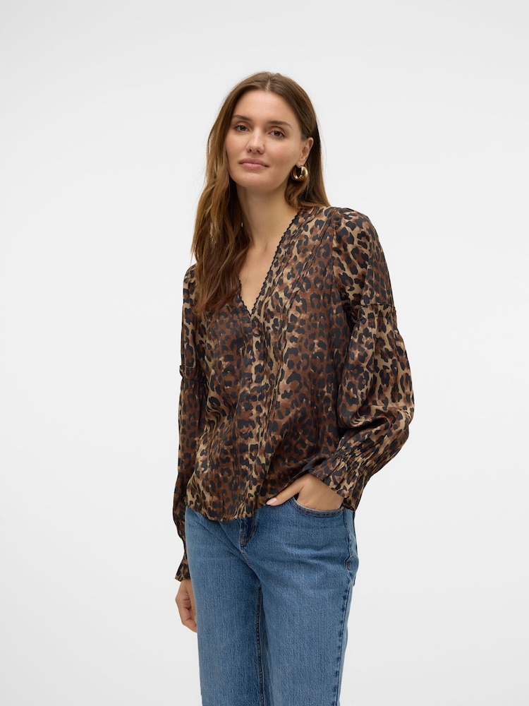 VERO MODA Brown Leopard Print V Neck Blouse - Image 1 of 6