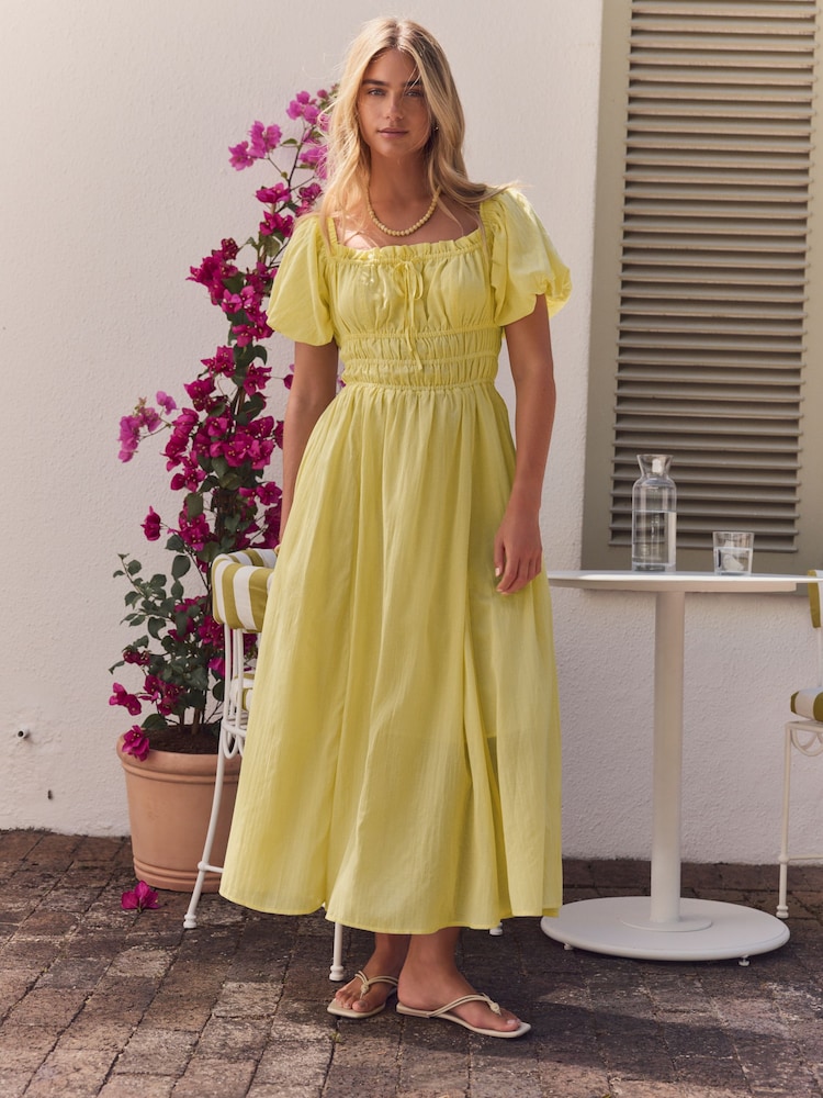 Yellow Puff Sleeve Midi Dress - Image 1 of 9