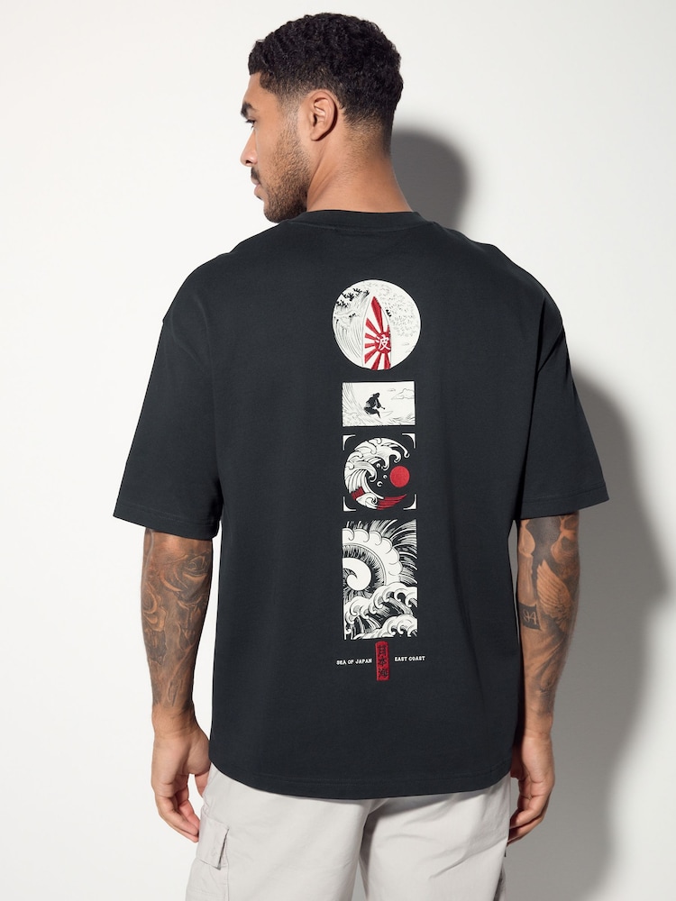 Preto - Camiseta japonesa com estampa gráfica de surf - Imagem 1 de 9
