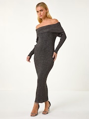 Vestido midi con escote Bardot y punto metalizado de Roman Petite - Imagen 2 de 4