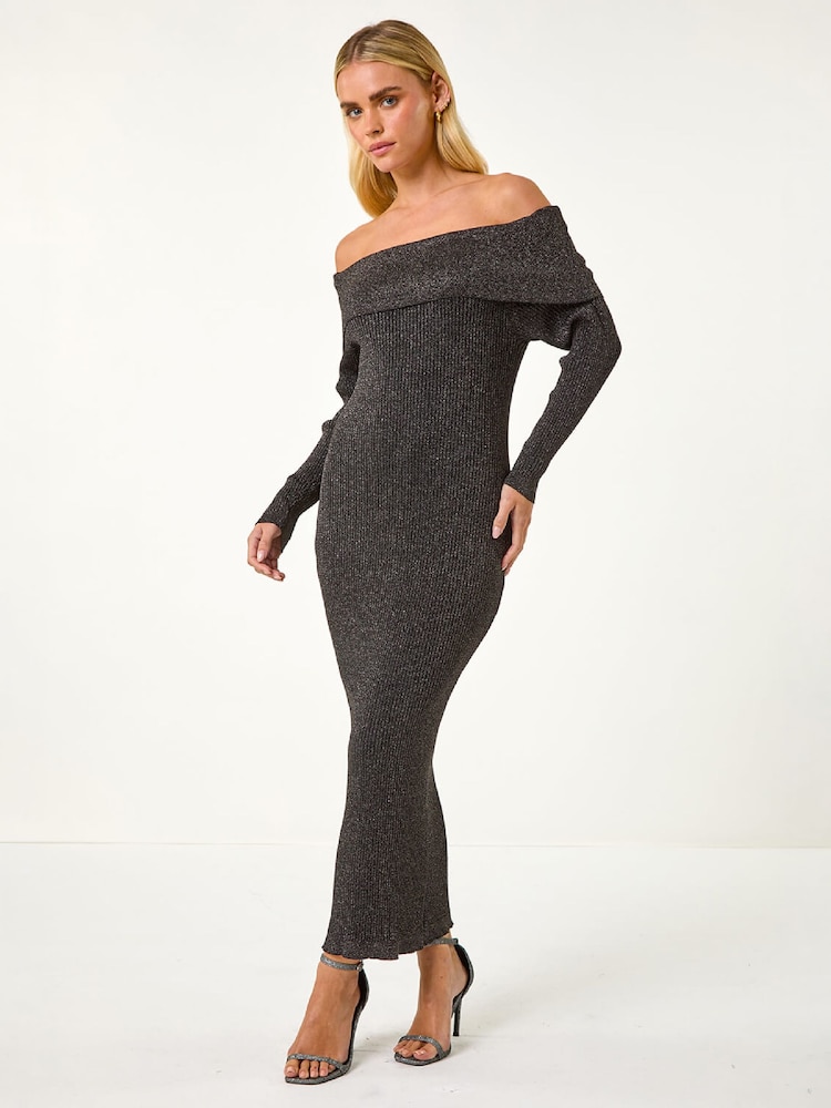 Vestido midi con escote Bardot y punto metalizado de Roman Petite - Imagen 2 de 4 Vestido midi con escote Bardot y punto metalizado de Roman Petite - Imagen 2 de 4