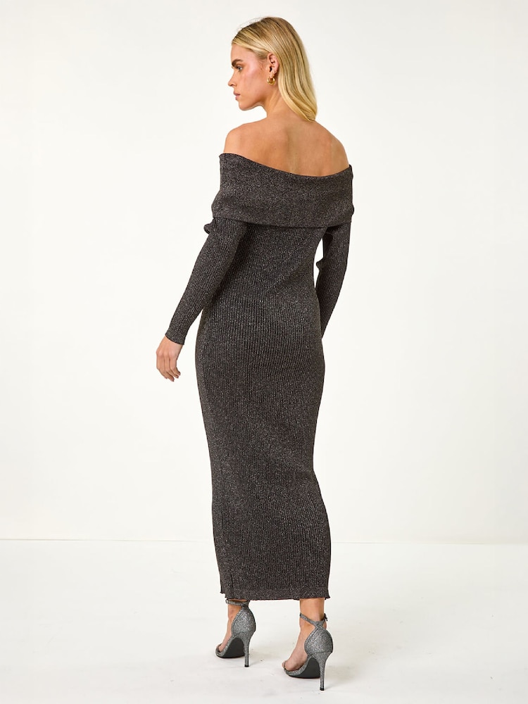 Vestido midi con escote Bardot y punto metalizado de Roman Petite - Imagen 4 de 4 Vestido midi con escote Bardot y punto metalizado de Roman Petite - Imagen 4 de 4