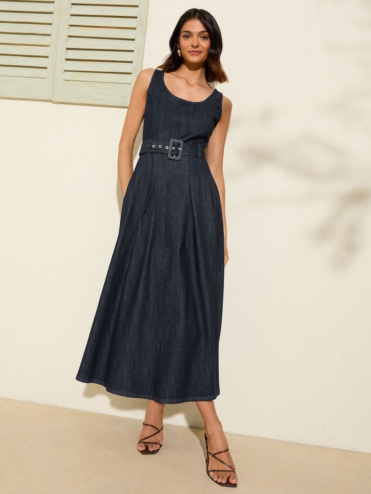 Friends Like These Rinse Wash Denim Belted Midi Dress - Image 1 of 4 Friends Like These Rinse Wash Denim Belted Midi Dress - Image 1 of 4