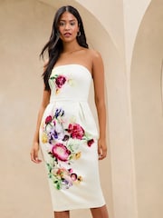 Lipsy White Premium Floral Bandeau Bodycon Midi Dress - Image 1 of 4