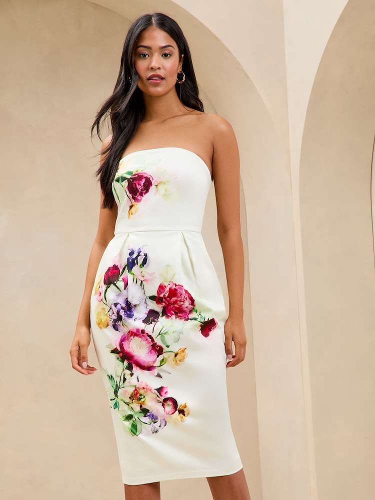 Lipsy White Premium Floral Bandeau Bodycon Midi Dress - Image 1 of 4