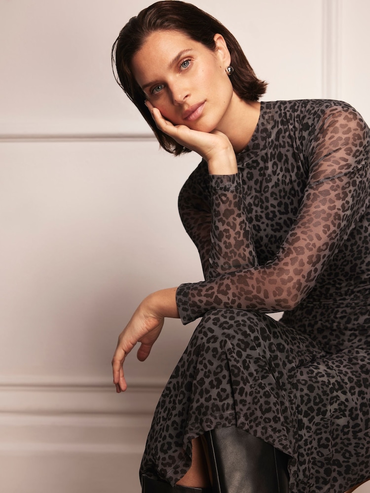 Mint Velvet Grey Animal Print Mesh Midi Dress - Image 2 of 4