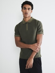 River Island Khaki Green Slim Fit Zip Jacquard Polo T-Shirt - Image 1 of 5