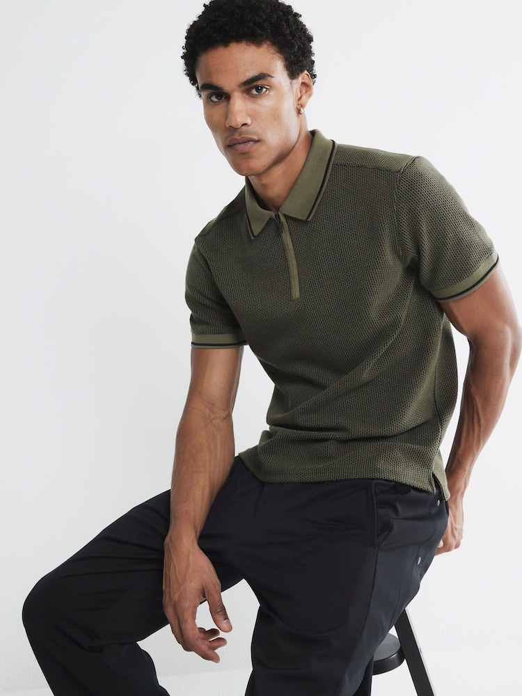 River Island Khaki Green Slim Fit Zip Jacquard Polo T-Shirt - Image 2 of 5