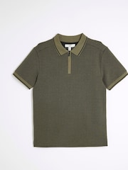 River Island Khaki Green Slim Fit Zip Jacquard Polo T-Shirt - Image 4 of 5