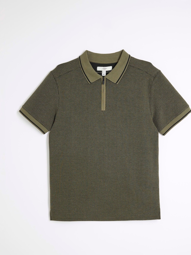 River Island Khaki Green Slim Fit Zip Jacquard Polo T-Shirt - Image 4 of 5