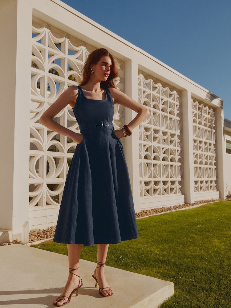 Friends Like These Rinse Wash Petite Denim Belted Midi Dress - Image 1 of 4