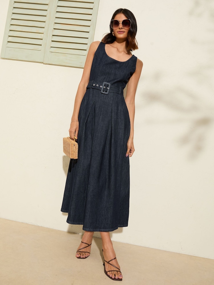Friends Like These Rinse Wash Petite Denim Belted Midi Dress - Image 3 of 4