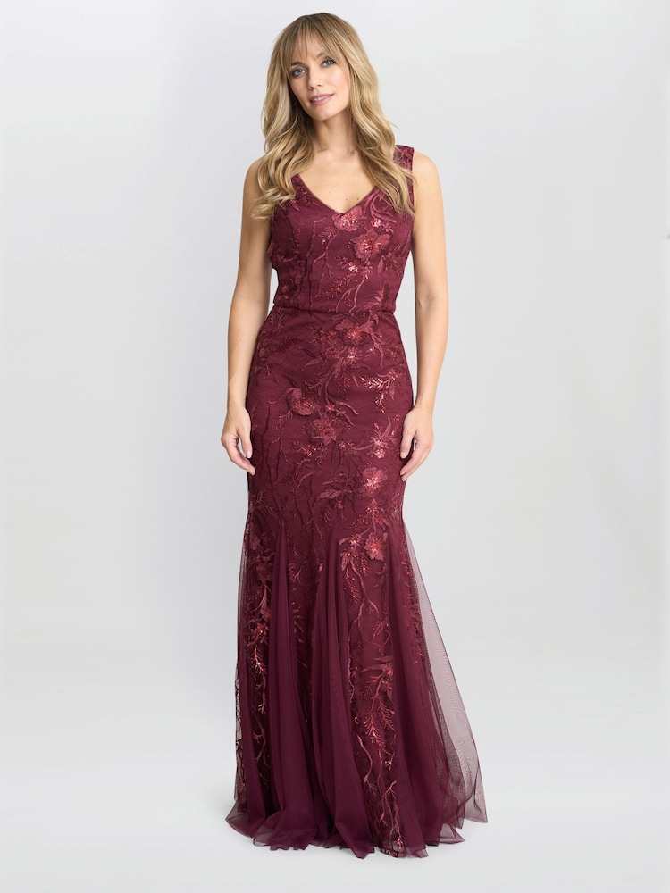 Gina Bacconi Red Evie Sleeveless Maxi Embroidered Sequin Gown - Image 1 of 4