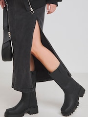 Simply Be Black Extra Wide Fit Chunky Biker Boots in Wide Fit Curvy Calf - Image 1 of 5