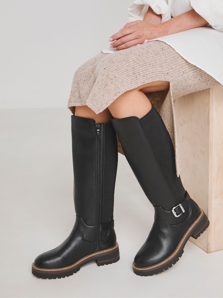 JD Williams Black Extra Wide Fit Knee High Elasticated Boots With Buckle Detail In Wide Fit - Image 1 of 4