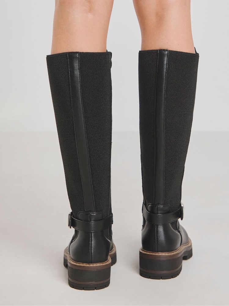 JD Williams Black Extra Wide Fit Knee High Elasticated Boots With Buckle Detail In Wide Fit - Image 2 of 4