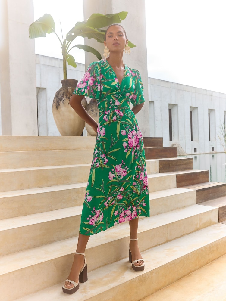 V&A I Love & Roses Green Floral Twist Front V-Neck Short Sleeve Midi Dress - Image 1 of 5