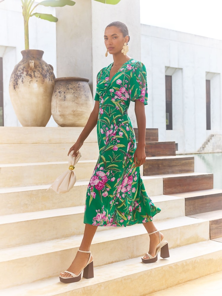 V&A I Love & Roses Green Floral Twist Front V-Neck Short Sleeve Midi Dress - Image 2 of 5