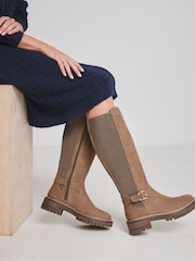 JD Williams Brown Extra Wide Fit Knee High Elasticated Boots With Buckle Detail In Wide Fit - Image 1 of 4