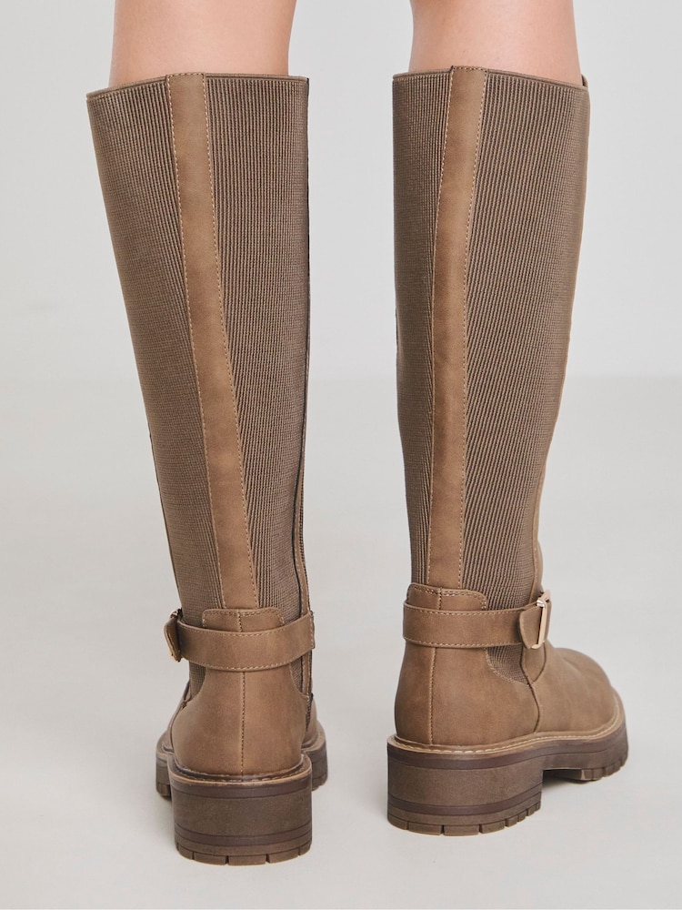 JD Williams Brown Extra Wide Fit Knee High Elasticated Boots With Buckle Detail In Wide Fit - Image 2 of 4