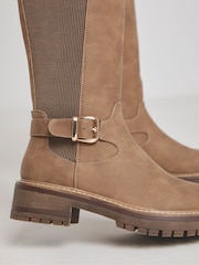 JD Williams Brown Extra Wide Fit Knee High Elasticated Boots With Buckle Detail In Wide Fit - Image 3 of 4