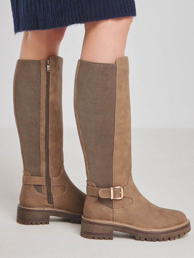 JD Williams Brown Extra Wide Fit Knee High Elasticated Boots With Buckle Detail In Wide Fit - Image 4 of 4