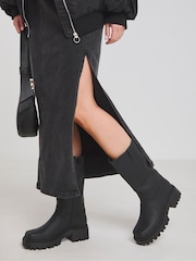 Simply Be Black Wide Fit Chunky Biker Boots in Wide Fit Curvy Calf - Image 3 of 4