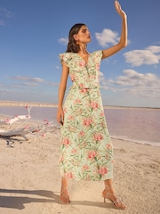 V&A I Love & Roses Green Floral Printed Broderie Peplum Ruffle Short Sleeve Midi Dress - Image 1 of 4