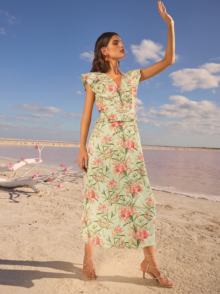 V&A I Love & Roses – Bedrucktes Midikleid mit Lochstickerei, Schößchen, Rüschen und kurzen Ärmeln - Bild 1 von 4 V&A I Love & Roses – Bedrucktes Midikleid mit Lochstickerei, Schößchen, Rüschen und kurzen Ärmeln - Bild 1 von 4