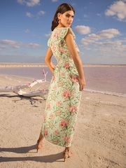 V&A I Love & Roses Green Floral Printed Broderie Peplum Ruffle Short Sleeve Midi Dress - Image 2 of 4