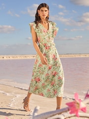 V&A I Love & Roses Green Floral Printed Broderie Peplum Ruffle Short Sleeve Midi Dress - Image 3 of 4