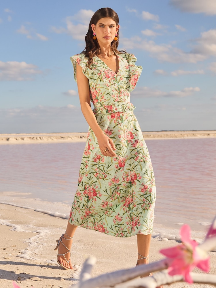 V&A I Love & Roses Green Floral Printed Broderie Peplum Ruffle Short Sleeve Midi Dress - Image 3 of 4