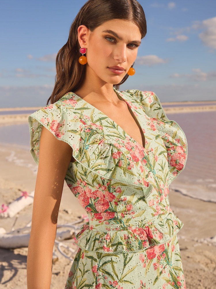 V&A I Love & Roses – Bedrucktes Midikleid mit Lochstickerei, Schößchen, Rüschen und kurzen Ärmeln - Bild 4 von 4 V&A I Love & Roses – Bedrucktes Midikleid mit Lochstickerei, Schößchen, Rüschen und kurzen Ärmeln - Bild 4 von 4